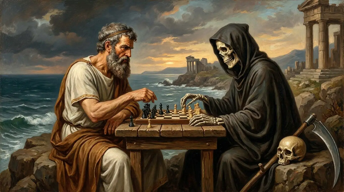 Um homem jogando xadrez com a morte